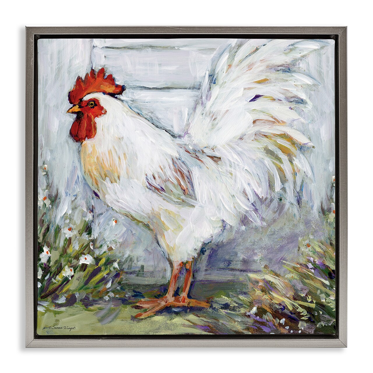 Stupell Industries White Rooster in Flower Garden Floating Frame By Susan Winget
